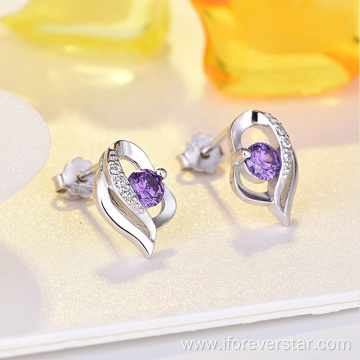 925 Silver Earrings Purple Cubic Zirconia Stud Earrings